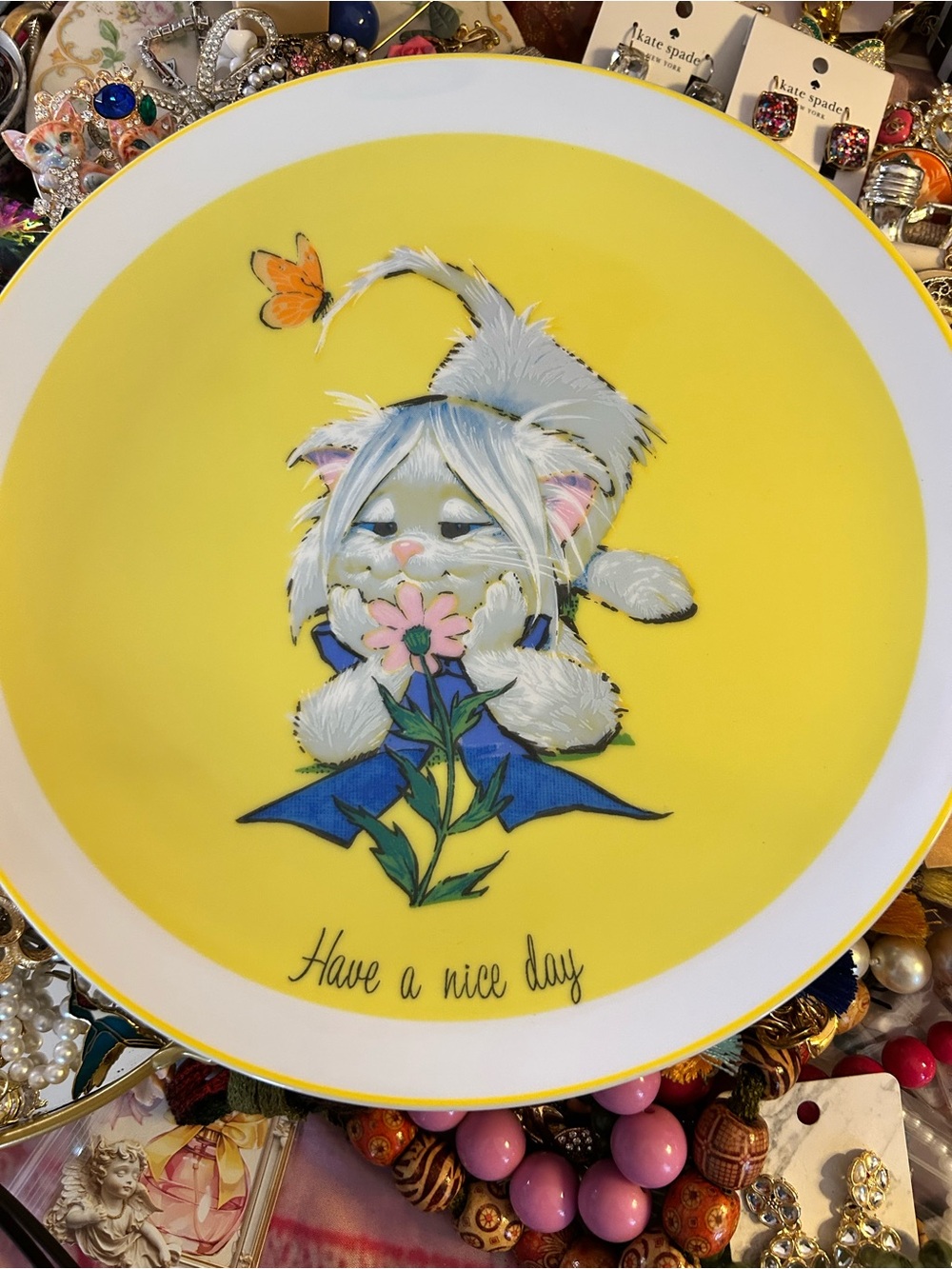 Vintage Cat Friendly Greeters Sunshine Plate - White Ceramic 10.5” 1973 Japan